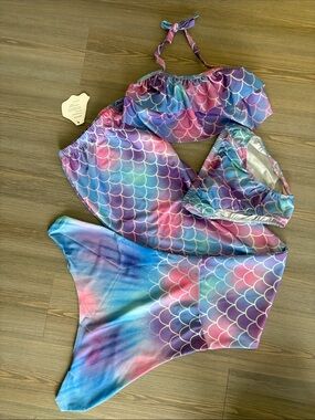 Mermaid Scale Girls Bikini Set in Pink, Purple & Aqua
